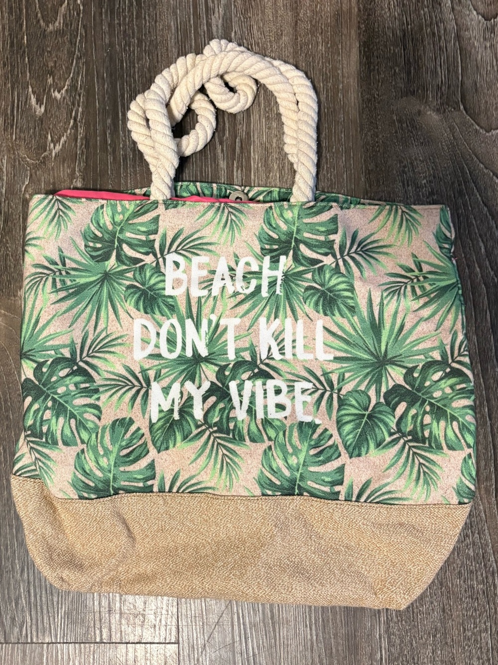 Beach Tote Bag with Green Palm Print and Rope Handles